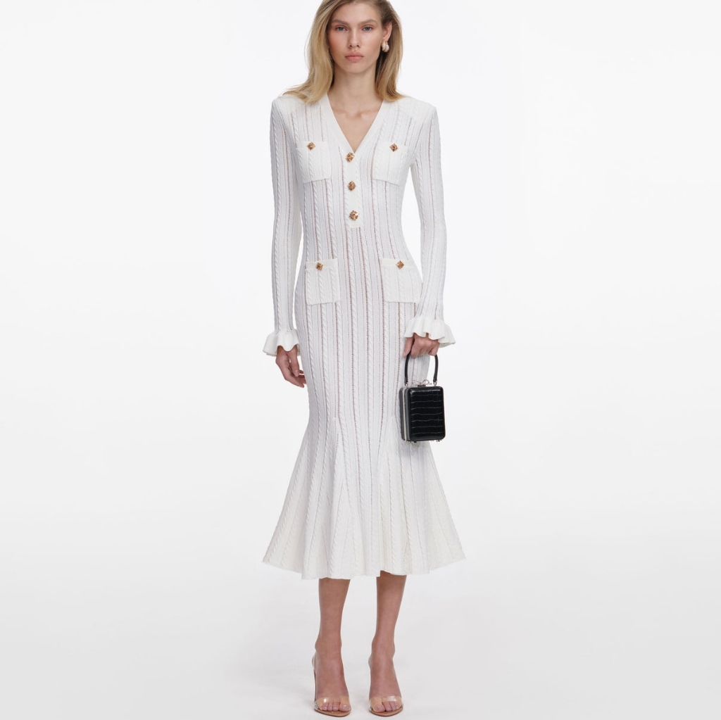 Self Portrait White Pointelle Knit Midi Dress